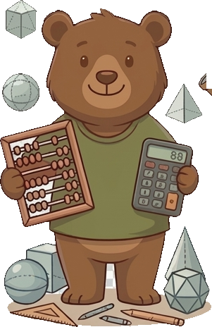 Arthur, l'ours mascotte d'EducArthur, tenant un boulier et une calculatrice, entouré de formes géométriques